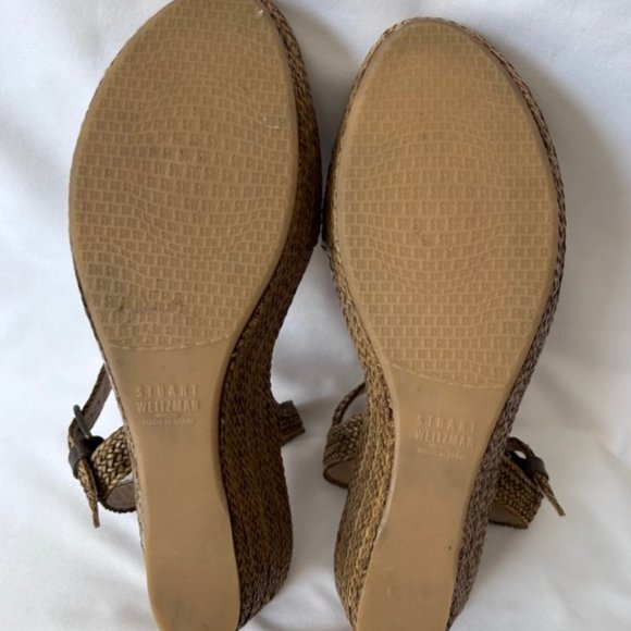Stuart Weitzman Raffia Tan Ankle Strap Wedge Heel Sandals - Picture 9 of 13
